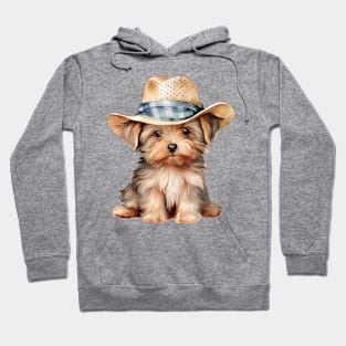 Watercolor Yorkshire Terrier Dog in Straw Hat Hoodie